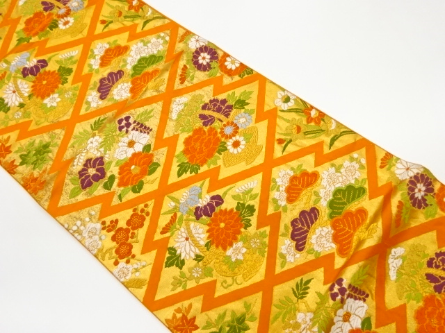 松皮菱に松・花々模様織出し袋帯